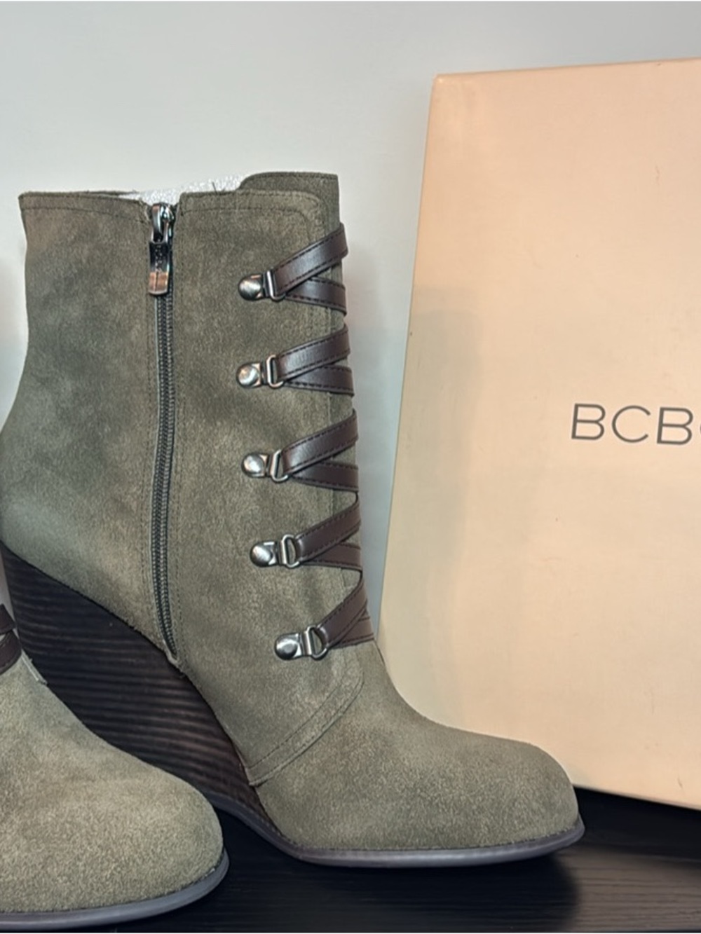 BCBG Olive Green Suede Lace-Accent Wedge Ankle Boots